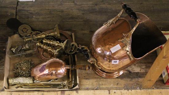 Copper & brass helmet shaped coal bucket candlesticks martingale etc